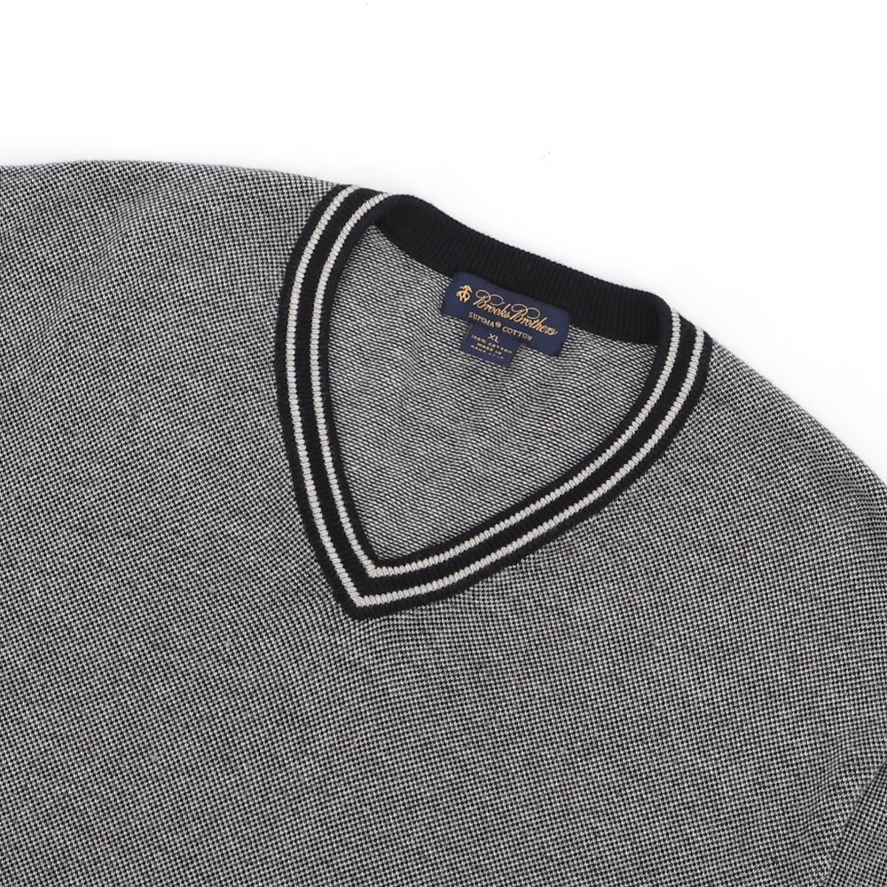 BROOKS BROTHERS Supima Cotton Striped V-Neck Sweater Black/White Size XL